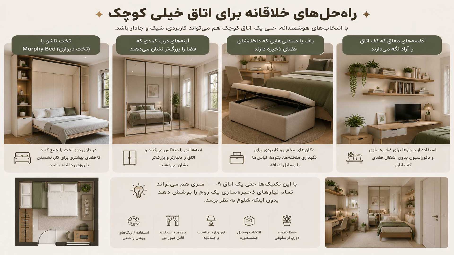 راهنمای راه حل های چیدمان برای اتاق خواب های کوچک
